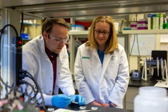 Postdoctoral researcher Matthew Osmond in the lab with Associate Professor Melissa Krebs