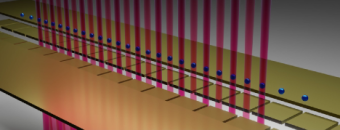  Illustration of a 1D crystal of ions, trapped by surrounding electrodes and controlled by lasers. The electrons in the ions can form a tiny magnet in one dimension. Credit: Duke University.