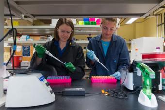 Nikki Farnsworth works in the lab with student