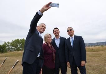 From left, Mines President Paul C. Johnson, Mines Board Member Lucy Sanders, Mines Board Chairman Jesus Salazar ’02, and Deputy Commerce Secretary Don Graves