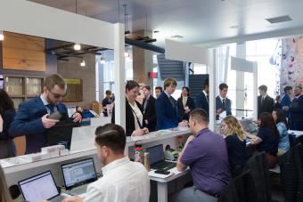 students check in for career days