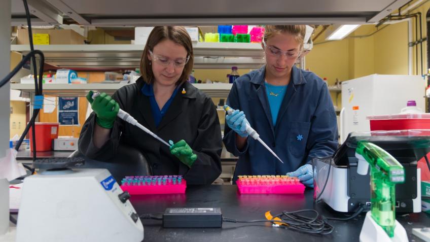 Nikki Farnsworth works in the lab with student