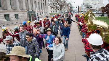 Students walk near Civic Center Park at 2019 E-Days