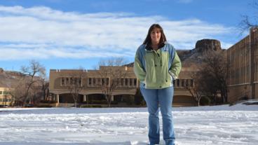Geology and geological engineering graduate student Elena Finley on Kafadar Commons at Colorado School of Mines.