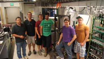 From left, Mark Wall (IEP), Mines students Andrew Steck Pituch, Gabriel Block, Gabriel Rios, researcher Mark Daubenspeck and exchange student Sebastian Dierickx (Karlsruhe Institute of Technology)