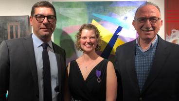 Megan Diercks, center, with French Consul General Christophe Lemoine and Hussein Amery, director of the Humanities, Arts, and Social Sciences Division at Mines