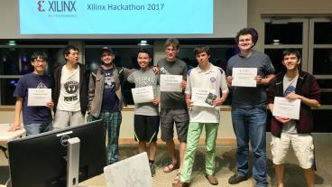 Computer science students from Colorado School of Mines pose after winning the Xilinx Hackathon
