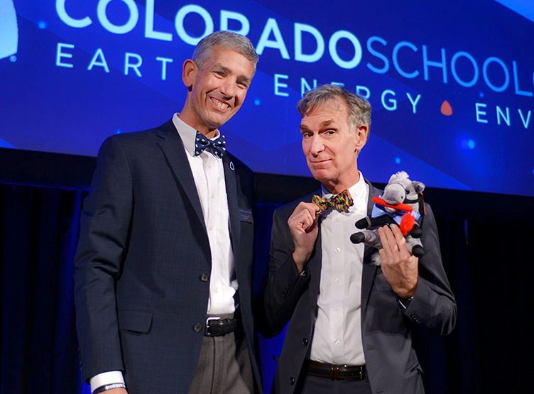 Mines' President Paul Johnson, Bill Nye and Blaster the Burro in their matching bow-ties, all part of the Bill Nye official bow-tie collection.